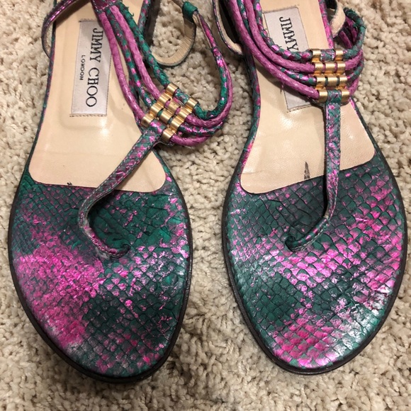 JIMMY CHOO Pink and green snake print sandals - Picture 2 of 4